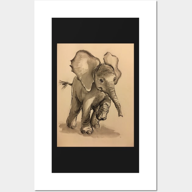 Baby Elephant at Play - Ink wash & crow quill pen painting Wall Art by tranquilwaters